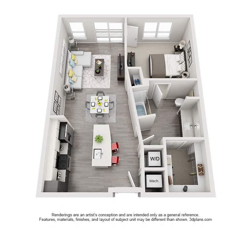 Floor plan for 1 bed, 1 bath, 795 sqft